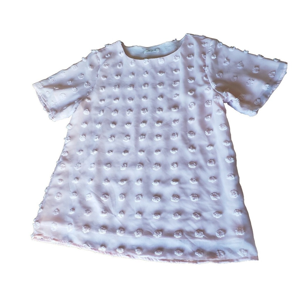 Medium‎ Blooming Lilly Womans Top Pink Chiffon Lined Short Sleeve Poka Dots